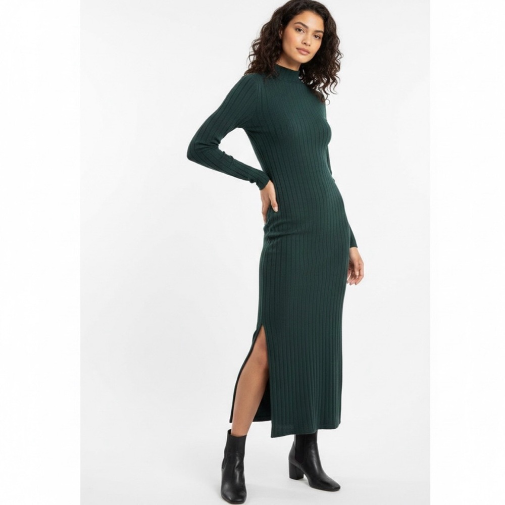 TOPSHOP Forest Green Ribbed Mock Neck Midi Dress - Size 2 - Side Split